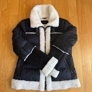 Tahari Faux Leather Sherpa Trim Winter Bomber Coat Medium